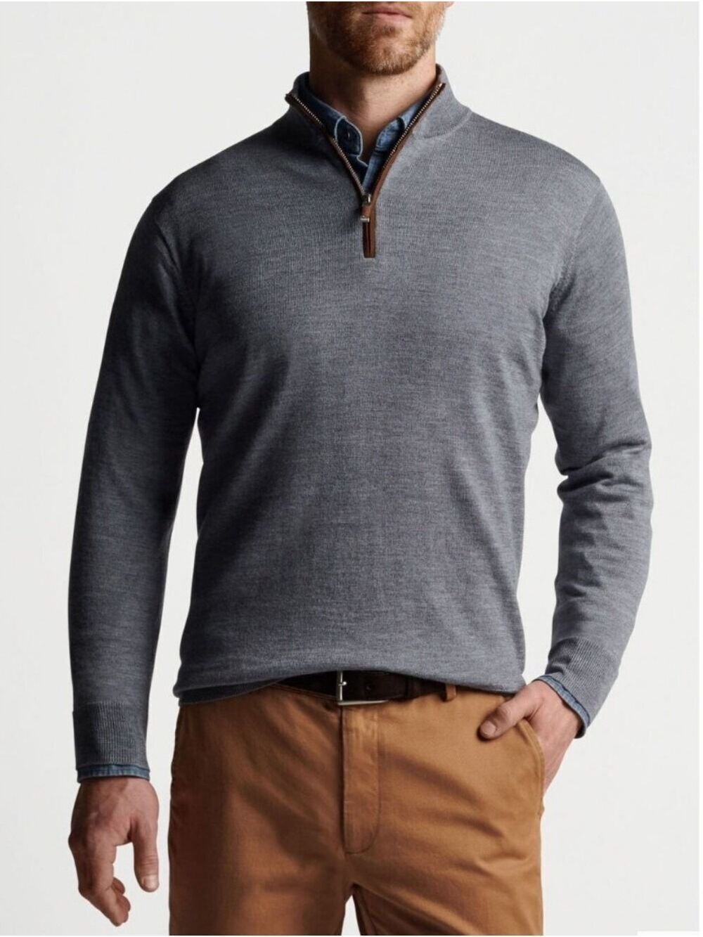 Peter Millar Men's British Grey Autumn Crest Suede Trim Quarter-Zip Sweater